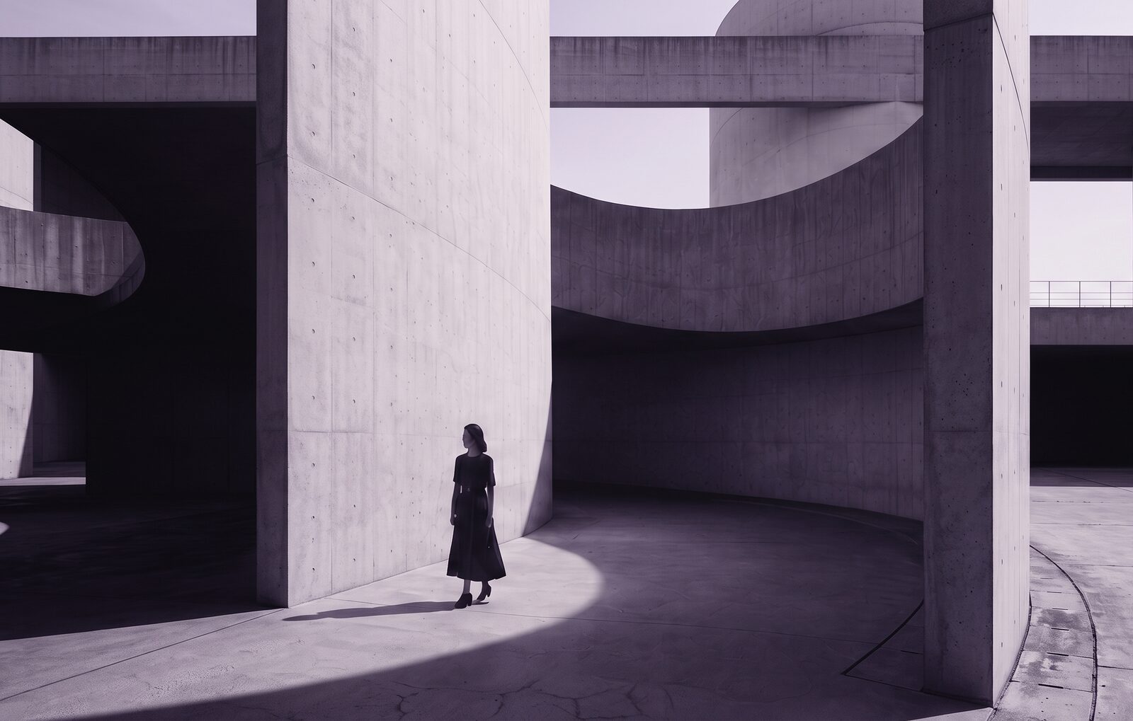 A lone figure in a long dark dress walking through a shaft of daylight between curved concrete walls